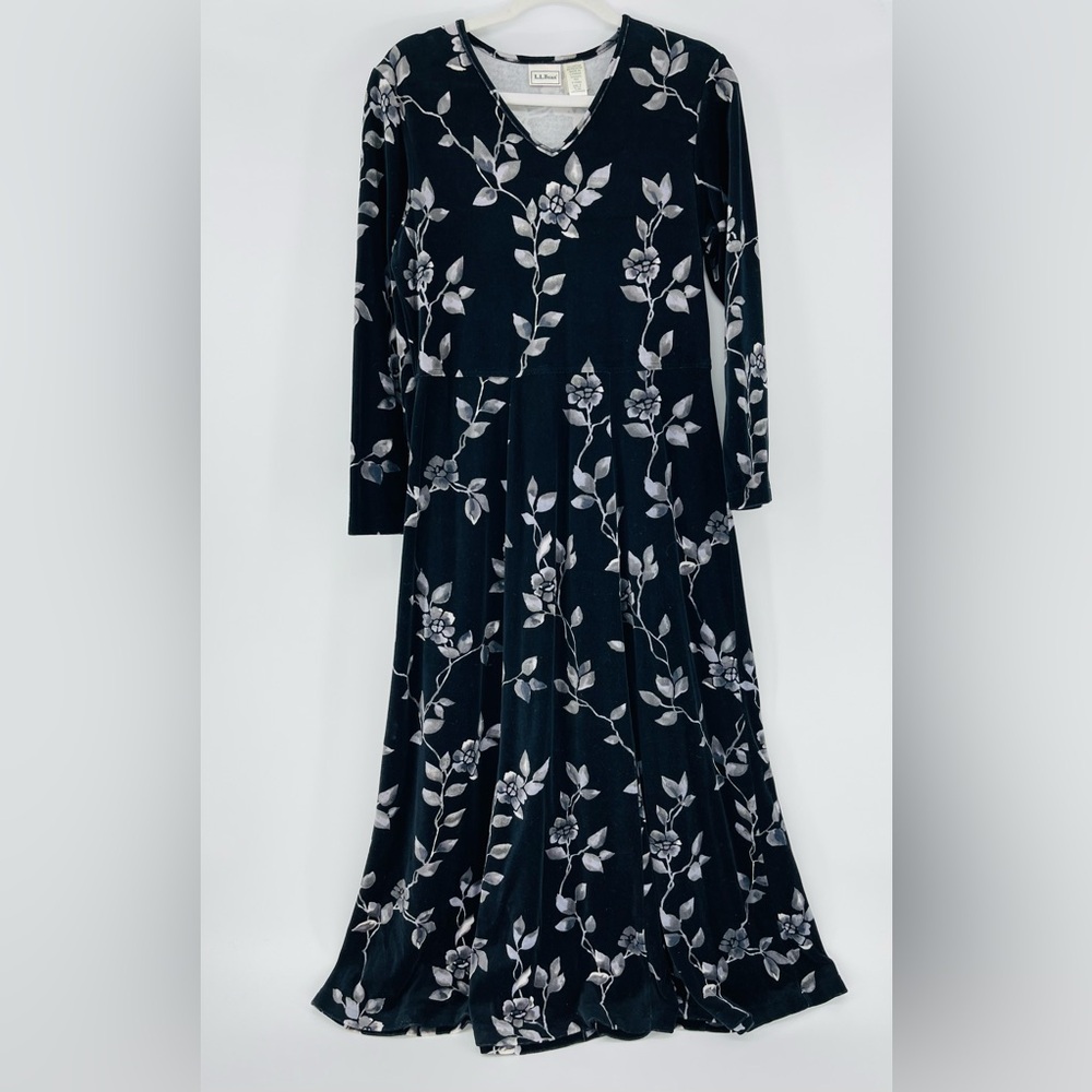 Vintage L.L. Bean Black Velveteen Floral Long Sleeve Midi Dress, Women's Small
